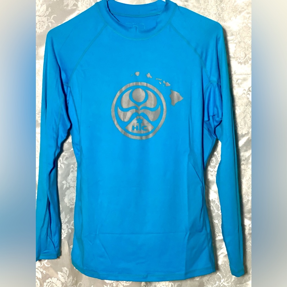 Blue Long-Sleeve HIC Rash-Guard With Silver Graphic Logo Sz.L 40”C 24”L  UPF 50